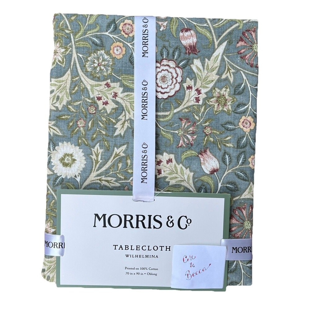 MORRIS & Co WILHELMINA Tablecloth 70 X 90 in GREEN Floral Printed 100% Cotton
